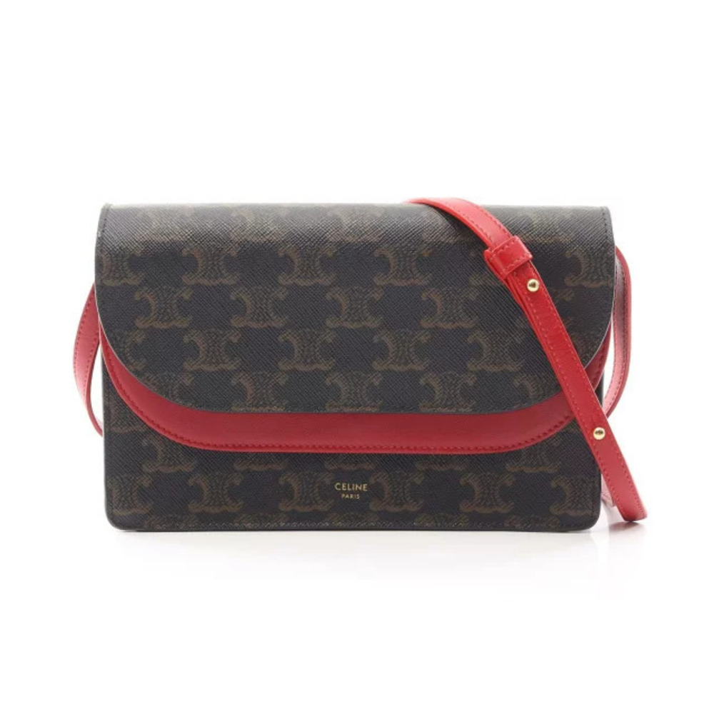 Celine Triomphe Shoulder Bag Canvas Leather Black Brown Red